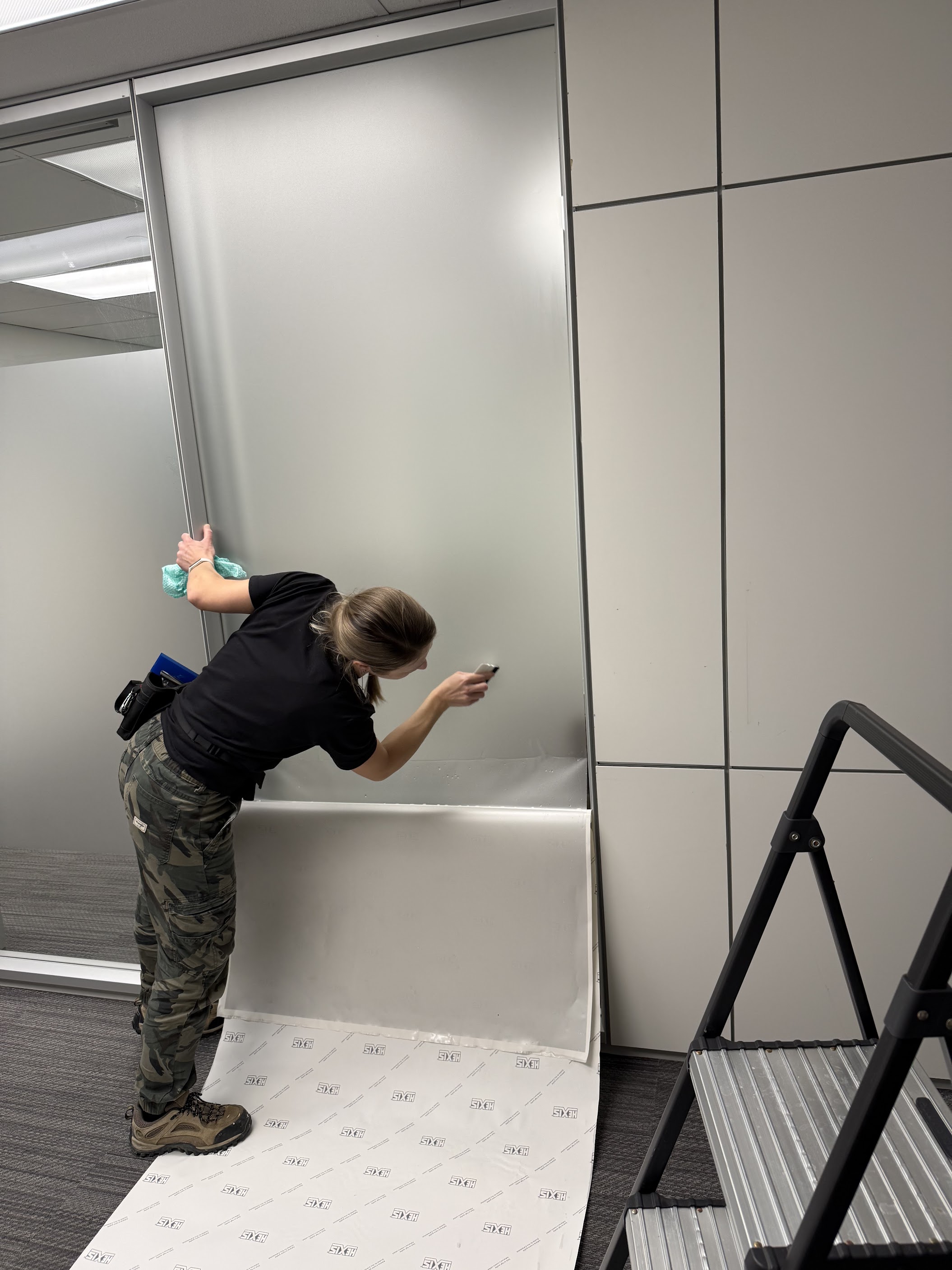 Frosted privacy film installed on office glass at a Beltline office in Calgary