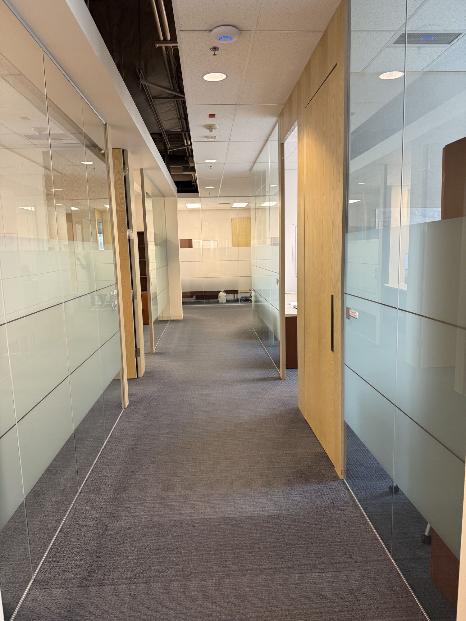 Frosted privacy film panels on glass office fronts beside wood doors in a downtown Calgary commercial office
