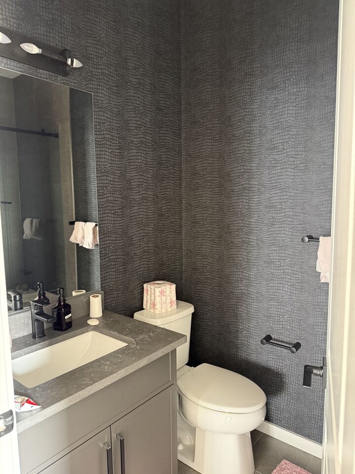 Crocodile-texture wallpaper above a stone-top vanity and toilet in a bathroom, Heritage Hills, Cochrane
