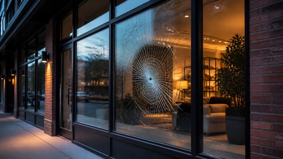 Illustrative Calgary storefront pane cracked by impact but remaining together inside its frame