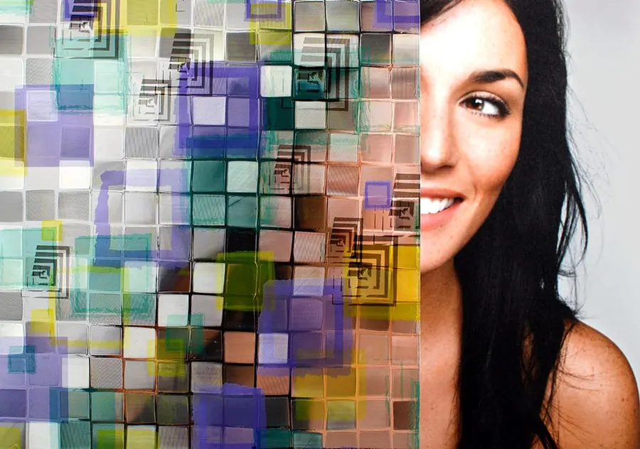 Aqua Squares Static Cling — Geometric decorative window film for Calgary glass