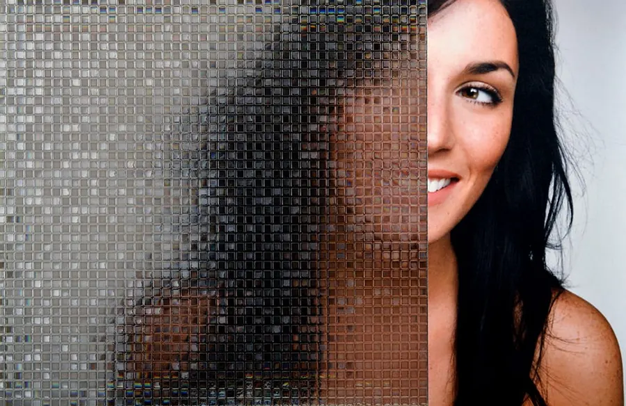 Titanium Pixels — Geometric decorative window film for Calgary glass