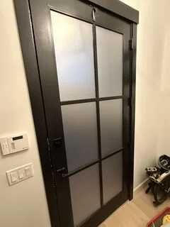 Metamark Dusted Crystal frosted film on a six-panel black wooden front door in Altadore, SW Calgary, installed in about two hours.