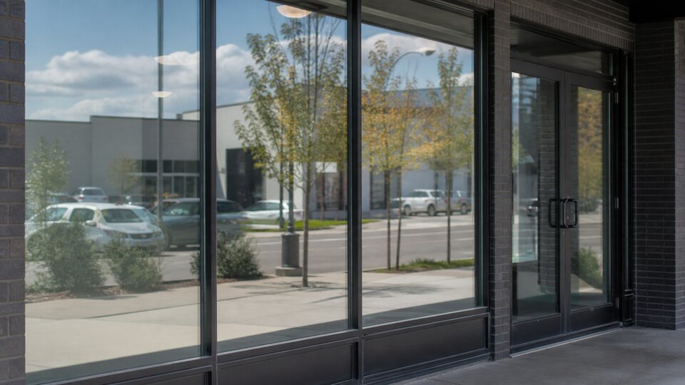 Before-and-after simulation showing anti-graffiti glass protection with this window film. Illustrative rendering, not a real job photo.