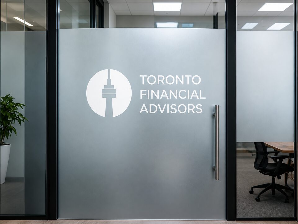 Example: frosted film with a printed office logo on an interior glass door