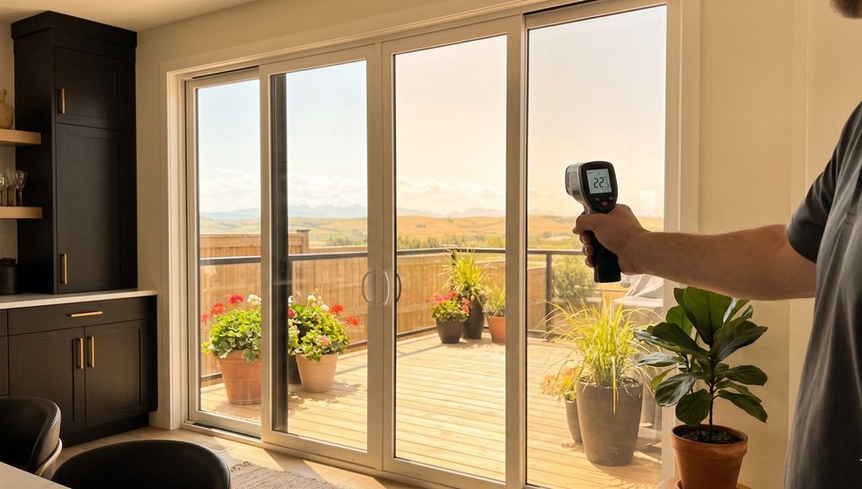Checking an installed solar window film with a handheld meter at a Calgary patio door