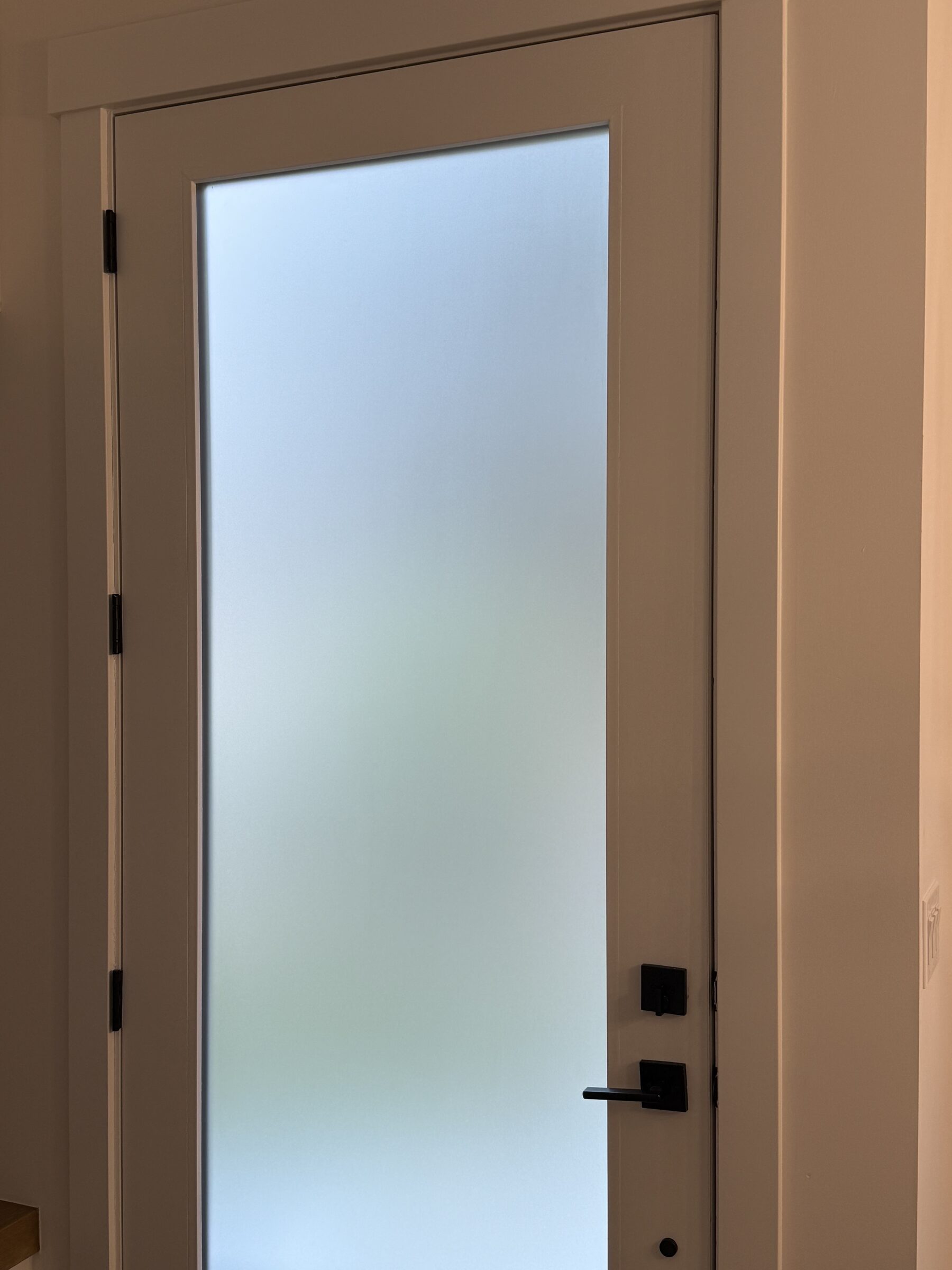 Full-lite back door finished with Dusted Crystal frosted privacy film, edge to edge inside the frame, in a Glenbrook SW Calgary home