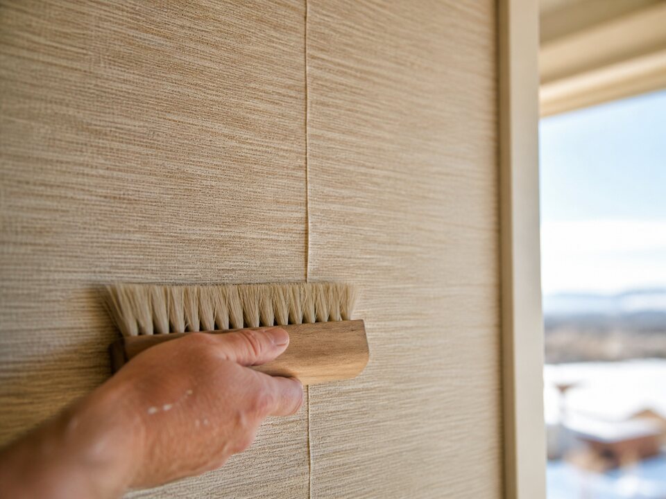 Natural grasscloth weave detail during installation planning
