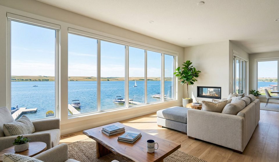 Bright living room with a wide lake view through large, uncovered windows