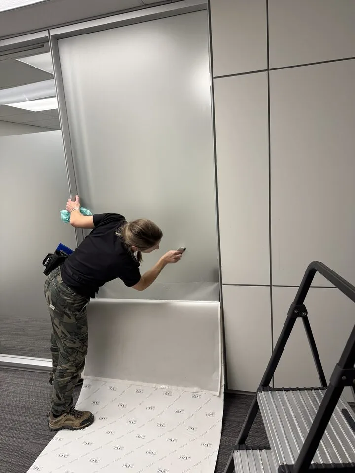 Frosted privacy film installed on office glass at a Beltline office in Calgary