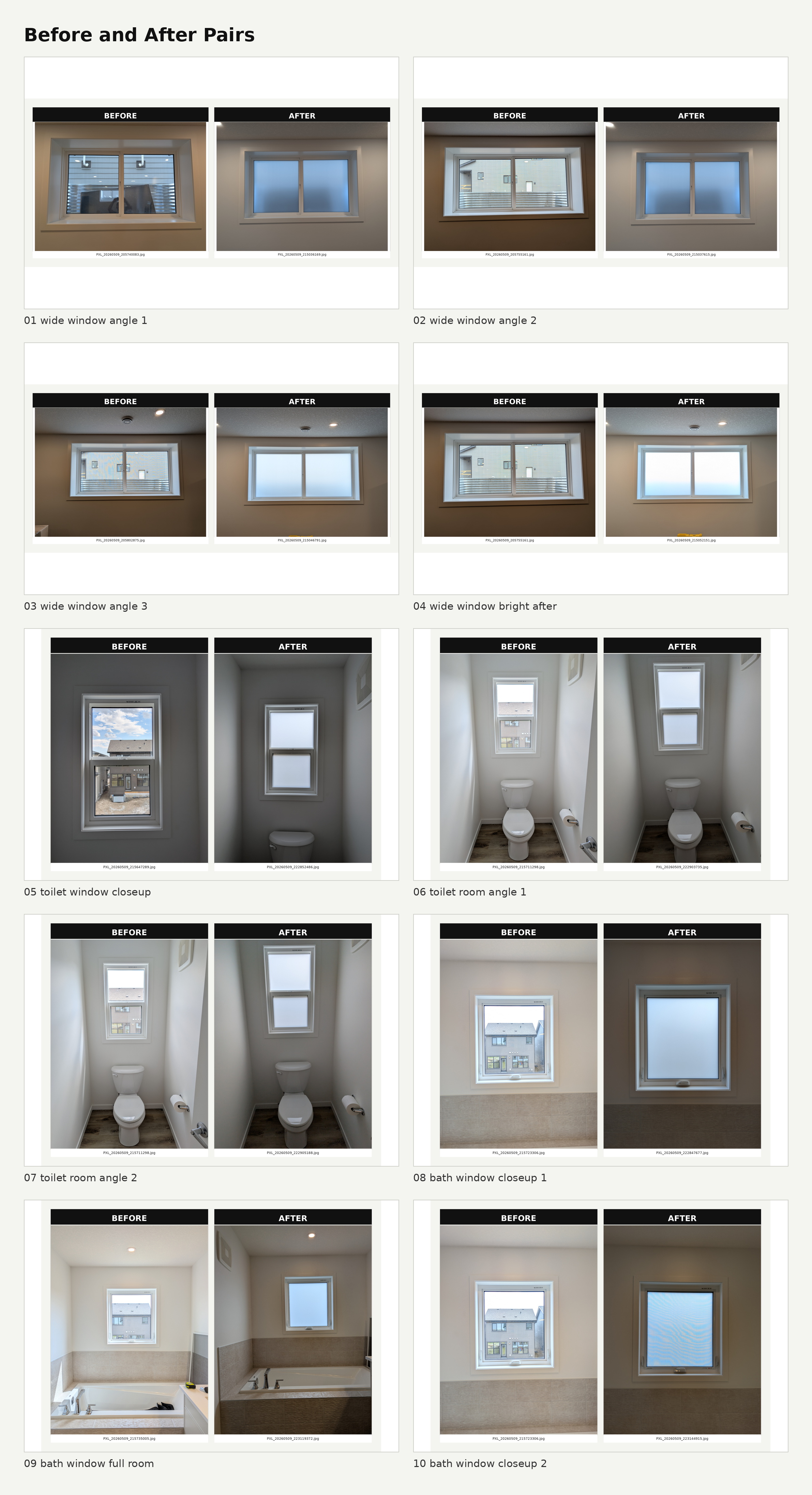 Before and after overview of frosted privacy window film installation on home windows in Mahogany SE Calgary