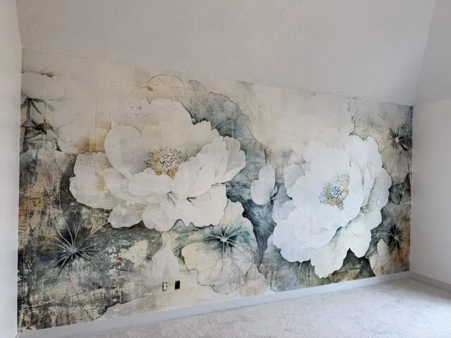 Peony mural wallpaper feature wall in a Winston Heights bedroom, Calgary