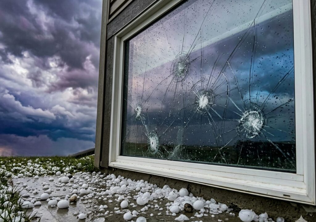 Hail damage protection with security window film installed on Airdrie home window